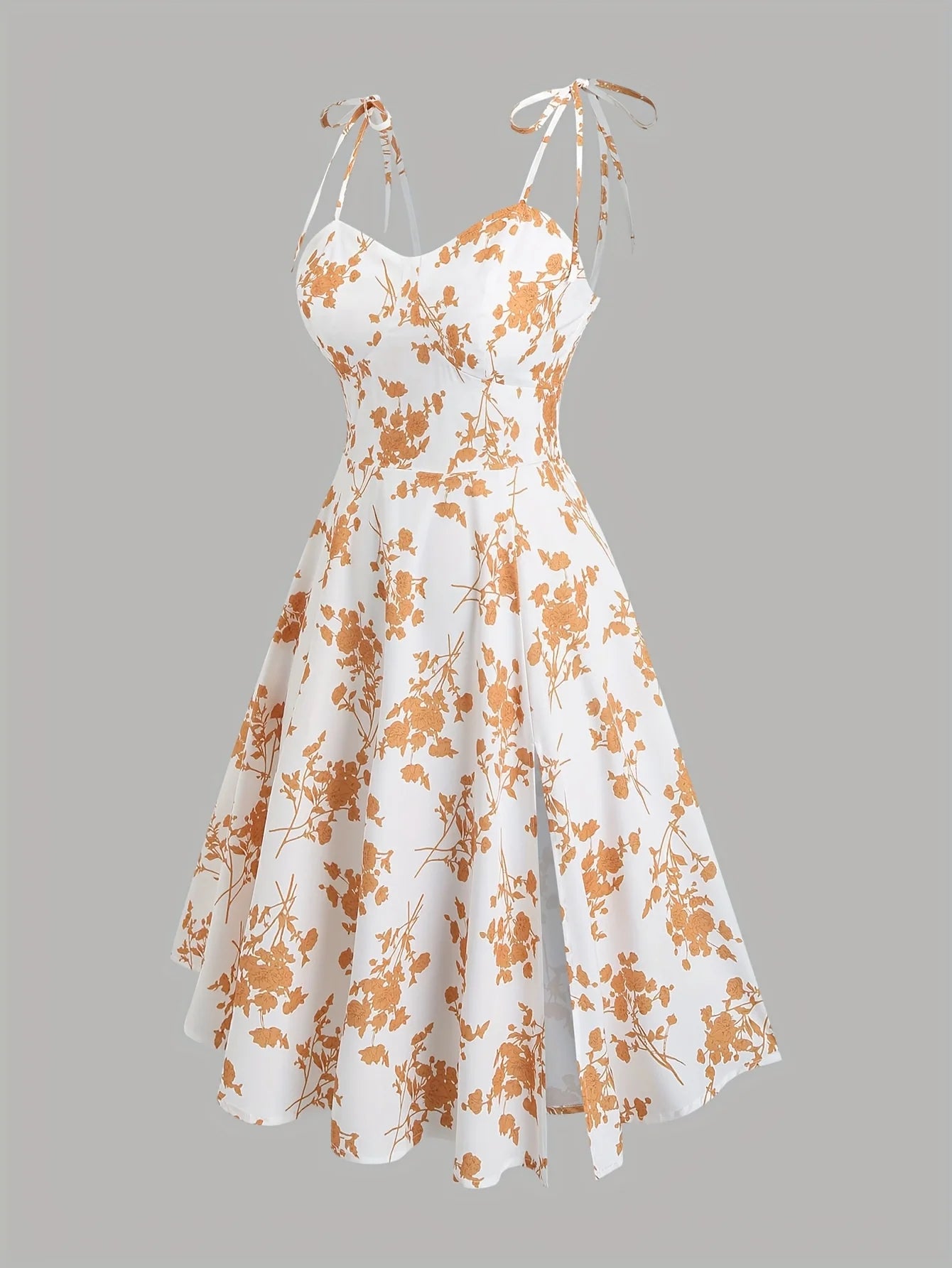 2024 European and American fashion plus size women's new flower print A-line skirt bow tie slit dress