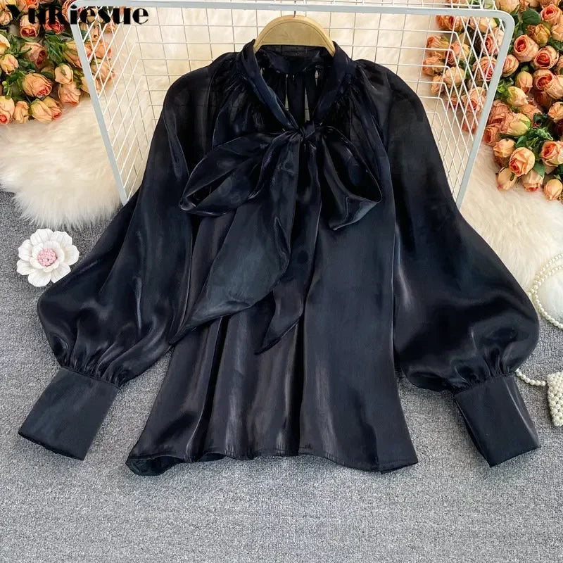 Spring Women's New Harajuku Tops V-neck Solid Color Bowknot Lantern Sleeves Loose Fashion Elegant Mesh Temperament Ladies Shirt