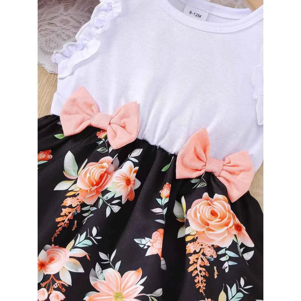 Baby Girl Summer Clothes Floral Print Sleeveless Dresses Pastoral Style Wedding Party Dress with Bow for Toddler Girl 0-3 Years - AMULET RING STORE