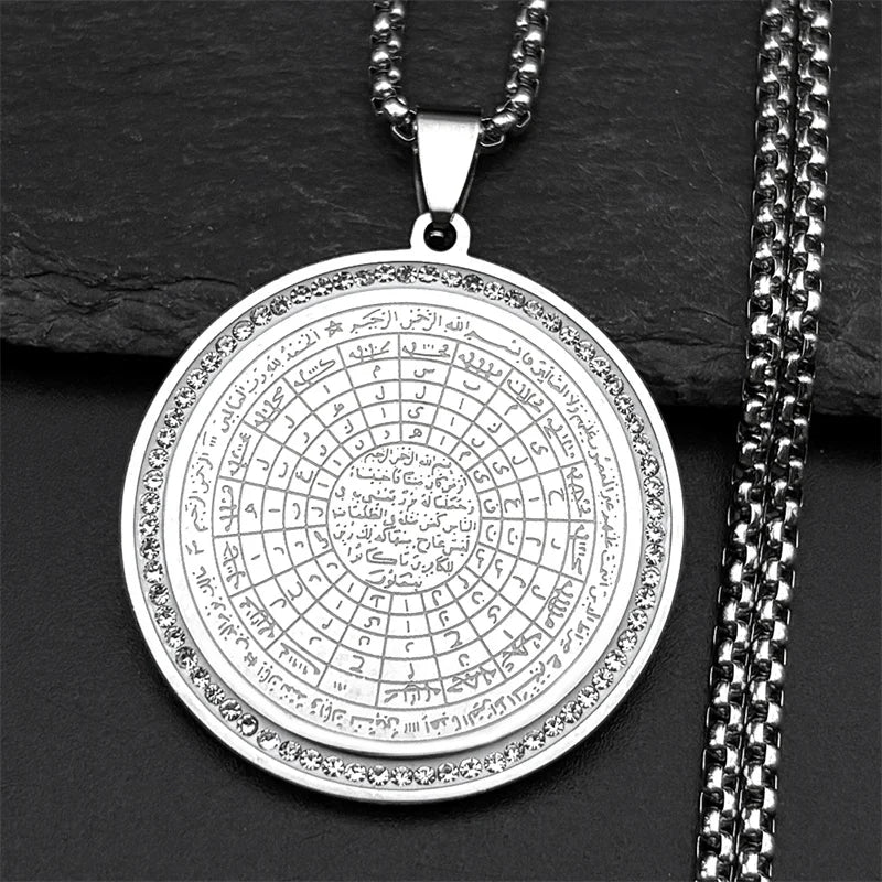 Muslim Arabic Quran Round Medal Pendant Necklace for Men Women Stainless Steel Gold Color Islamic Amulet Male Chain Jewelry