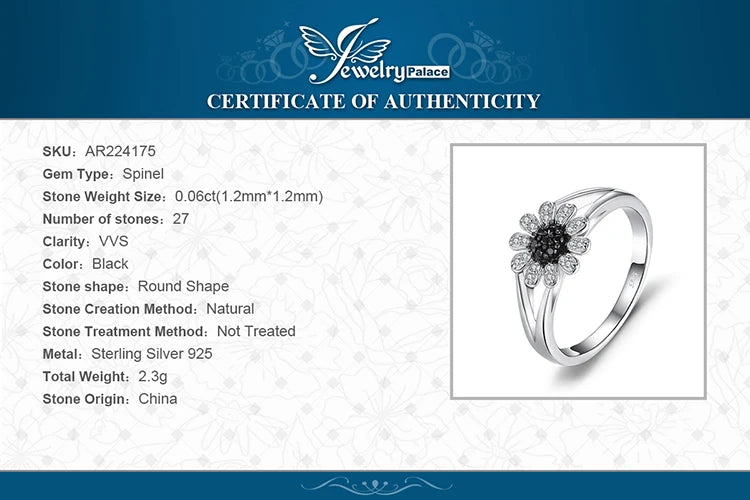JewelryPalace Flower Natural Black Spinel 925 Sterling Silver Ring for Women Fashion Gemstone Jewelry Anniversary Birthday Gift