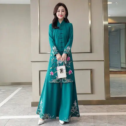 Chinese Styles Vintage Women Hanfu Midi Qipao Two Pieces China Traditional Clothing Pants Set Tang Suit Robe Orientale Clothes