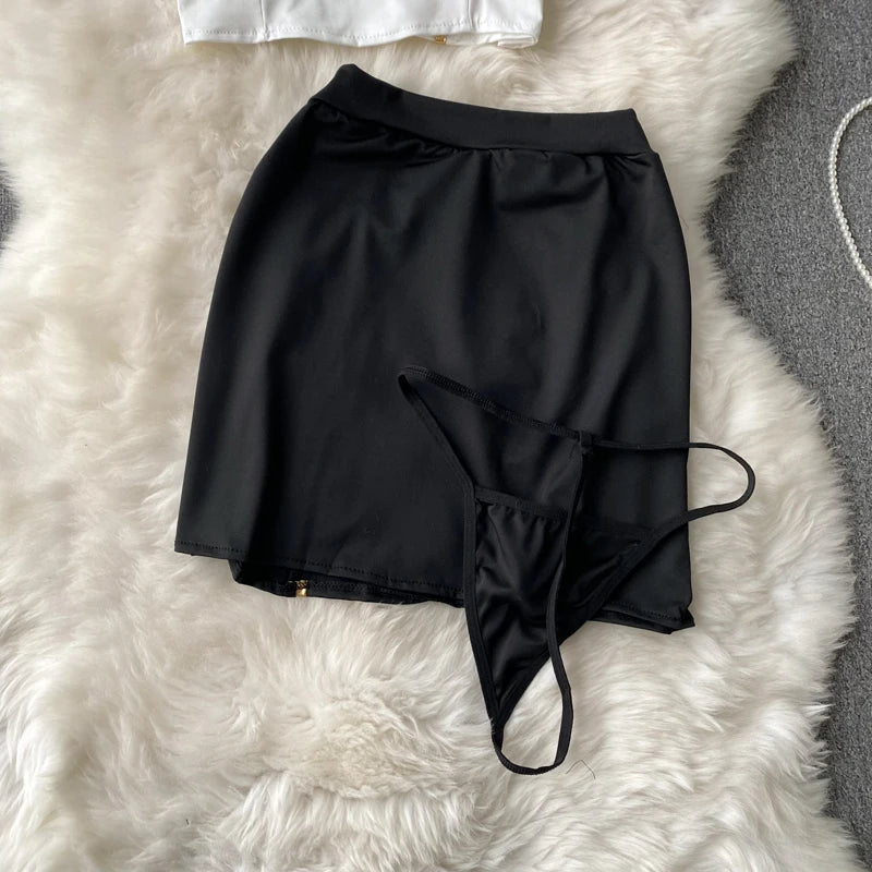 Women Sexy Hollow Skirts Suits Lace Patchwork Turn-down Collar Tops Mini Skirt Underpants 3 Pieces Erotic Pajamas Sets Cosplay - AMULET RING STORE