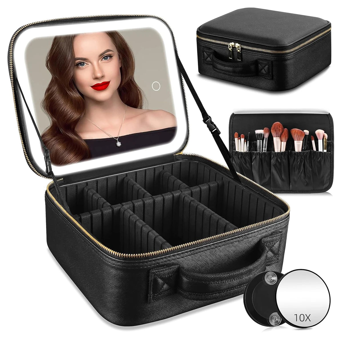 Makeup Organizer with Mirror Light 3 Adjustable Brightness Travel Train Case Cosmetic Bag Portable Storage Partition Waterproof - AMULET RING STORE