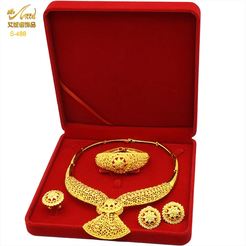 ANIID Dubai Plated Jewelry Set For Women Indian Earring and Necklace Nigeria Moroccan Bridal Accessorie Wedding Bracelet Gifts