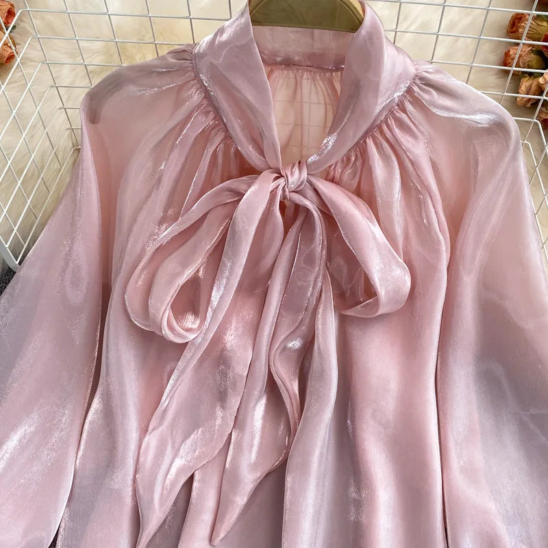 Spring Women's New Harajuku Tops V-neck Solid Color Bowknot Lantern Sleeves Loose Fashion Elegant Mesh Temperament Ladies Shirt