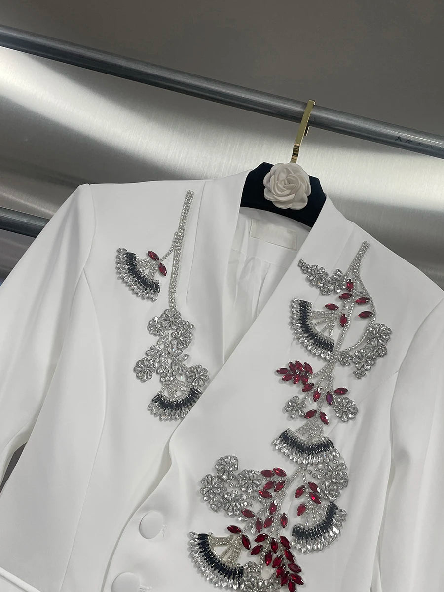 TWOTWINSTYLE Solid Spliced Bead Flower Temperament Blazers for Women V Neck Long Sleeves Patchwork Single Breasted Blazer Female