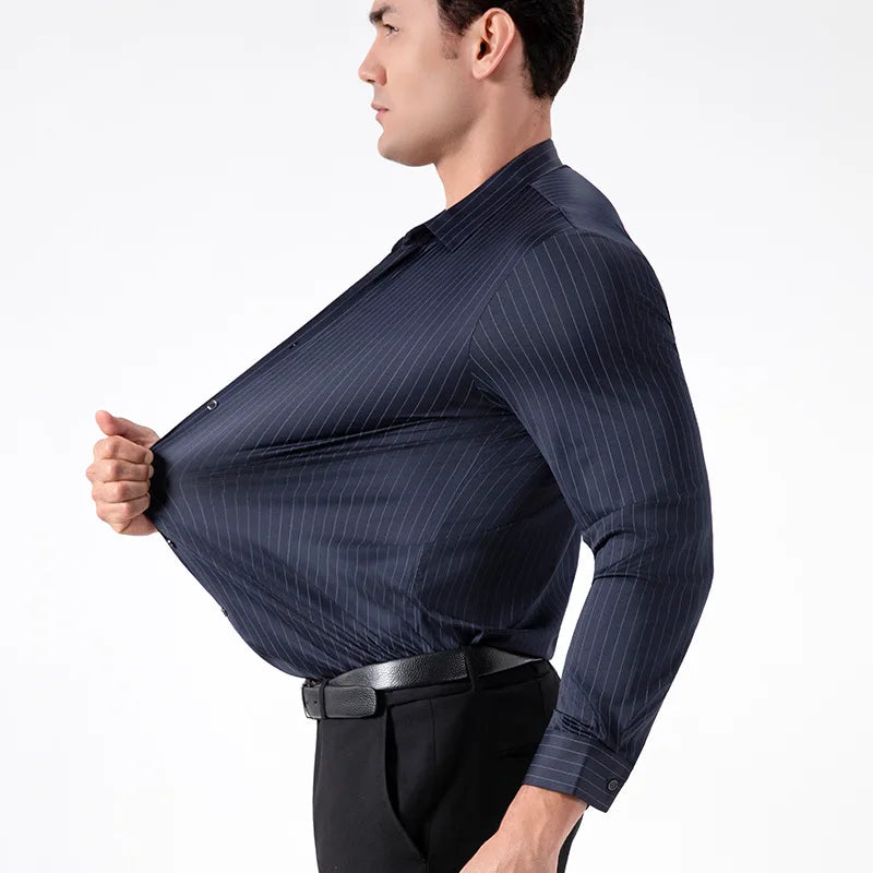 New Stylish Men's Striped Shirt Long Sleeve Business Casual High Elasticity Spring Autumn Seamless Easy-care Soft Man Clothing