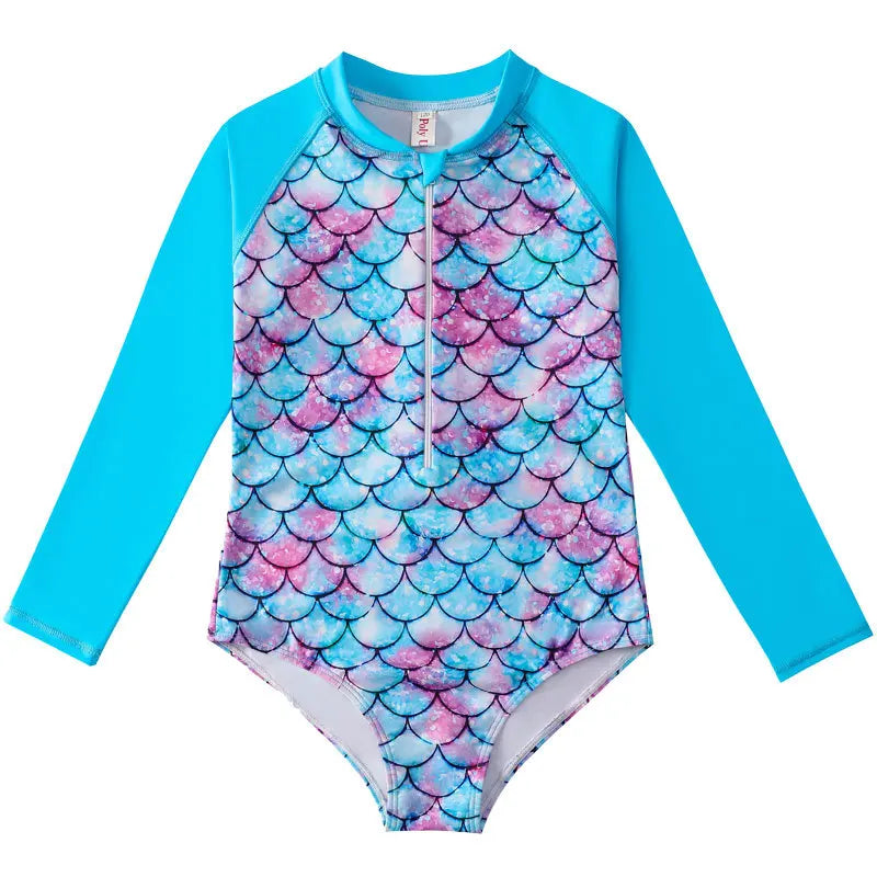 European American Style Mermaid Swimsuit Baby Girls Long Sleeves One-piece Swimsuit Hot Spring Fish Scale Kids Swimsuit 4-12Y - AMULET RING STORE