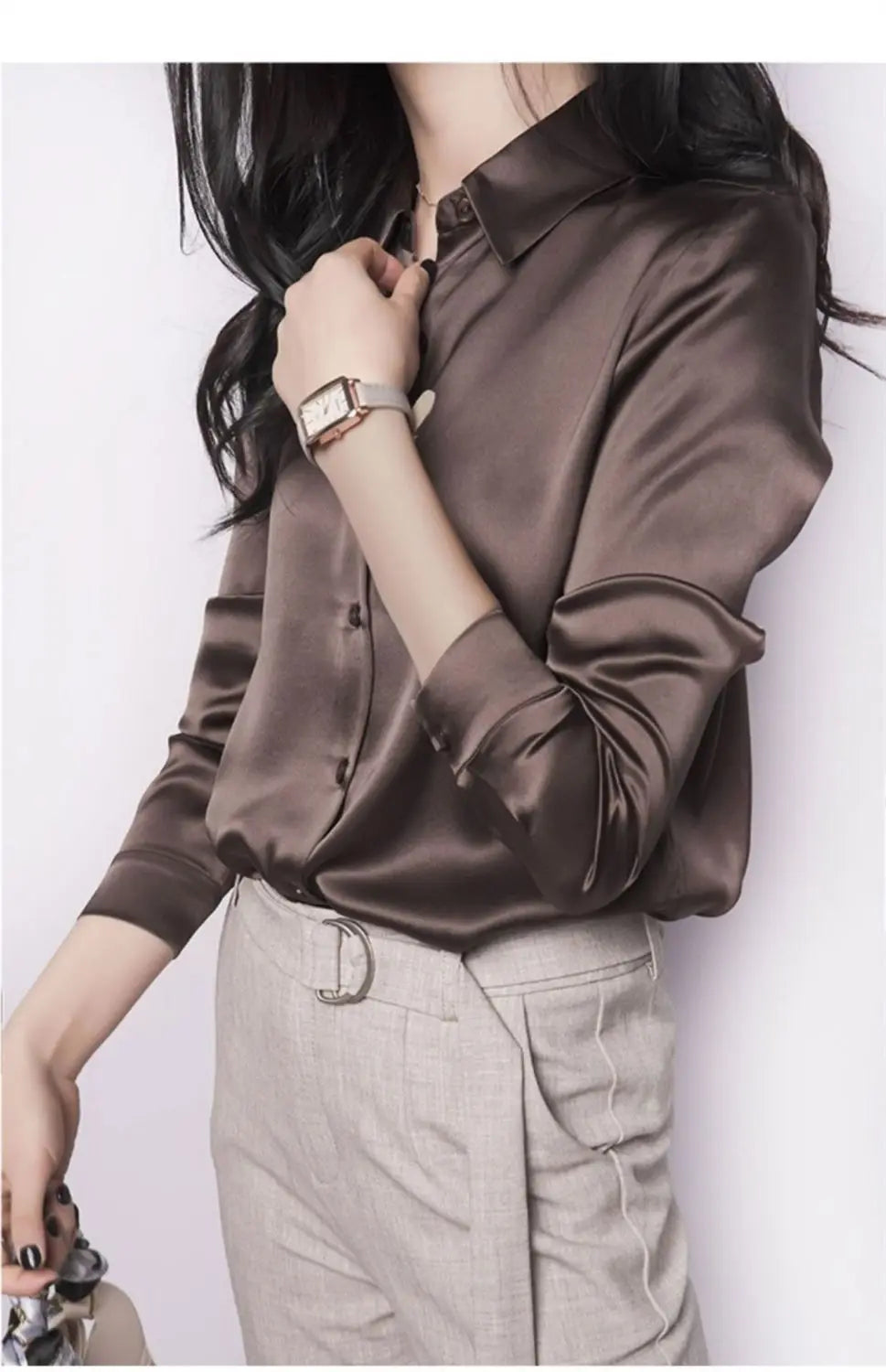 Spring Summer Casual Women's Satin Shirt Lapel Long Sleeve Blouse Loose Solid Color Office Lady Fashion Shirts Top