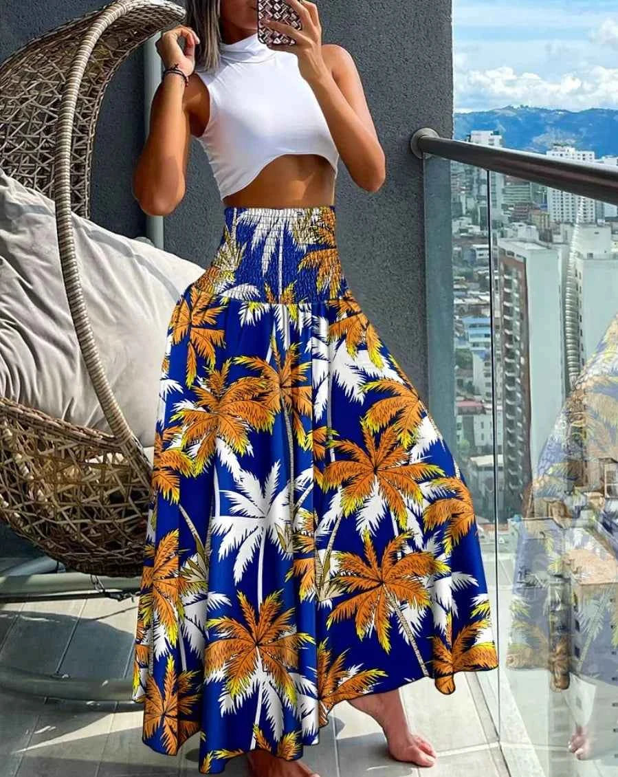 Fashion Cotton Women Floral Print Skirt Side Tie Beach Skirts Summer High Waist Wrap Flower Long Skirt