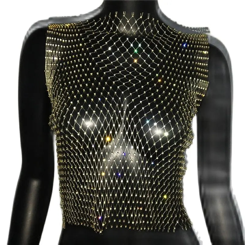Women's Fishnet Rhinestone Crop Top 2024 Summer Sexy Mesh High Elastic Black White Shirt Net See Through Rave Diamond Tank Top - AMULET RING STORE