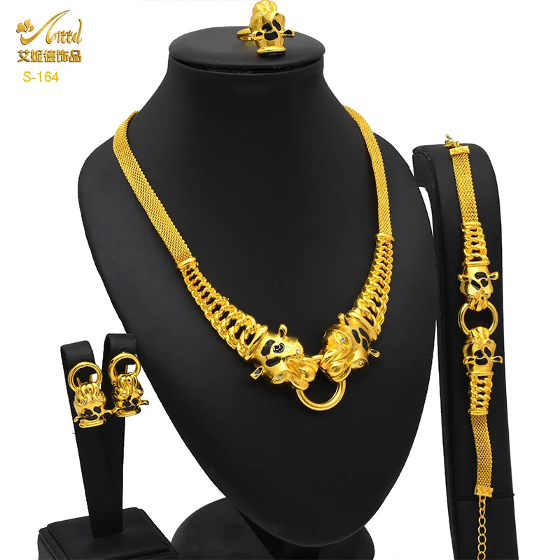 ANIID Dubai Plated Jewelry Set For Women Indian Earring and Necklace Nigeria Moroccan Bridal Accessorie Wedding Bracelet Gifts