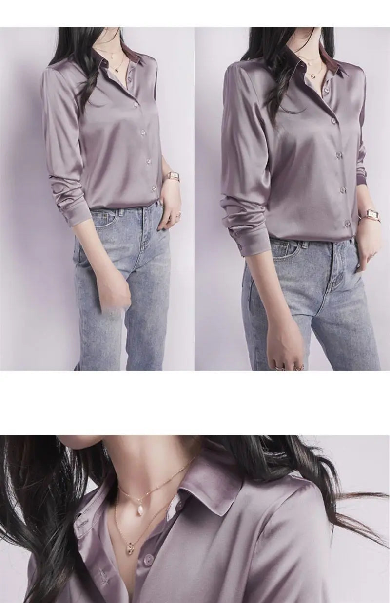 Spring Summer Casual Women's Satin Shirt Lapel Long Sleeve Blouse Loose Solid Color Office Lady Fashion Shirts Top