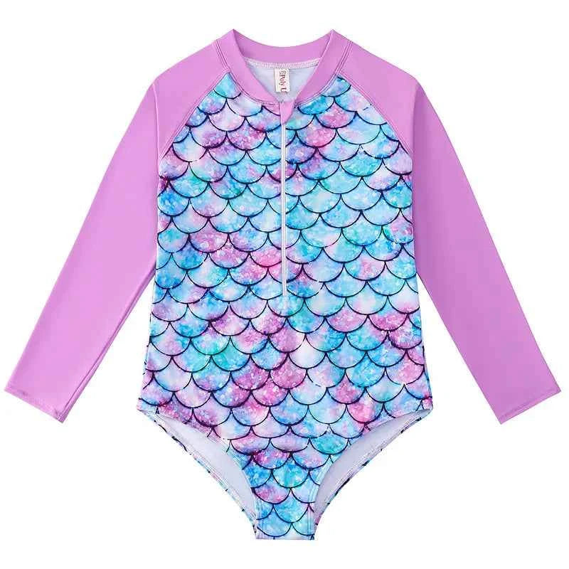 European American Style Mermaid Swimsuit Baby Girls Long Sleeves One-piece Swimsuit Hot Spring Fish Scale Kids Swimsuit 4-12Y - AMULET RING STORE