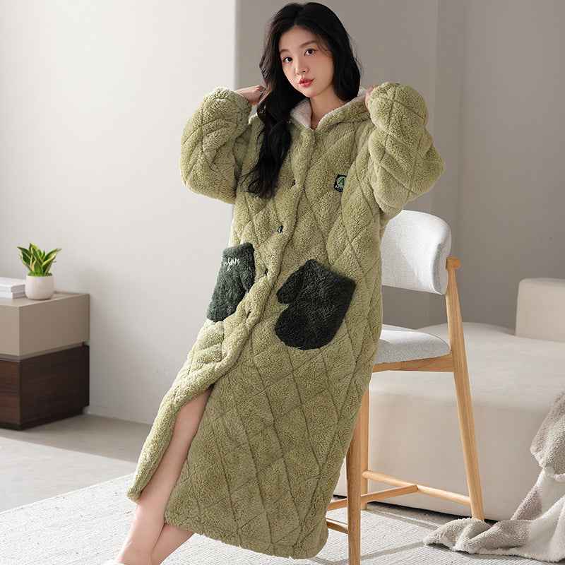Winter Couple's Robe For Women Thickened And Fleece-lined Long Coral Fleece