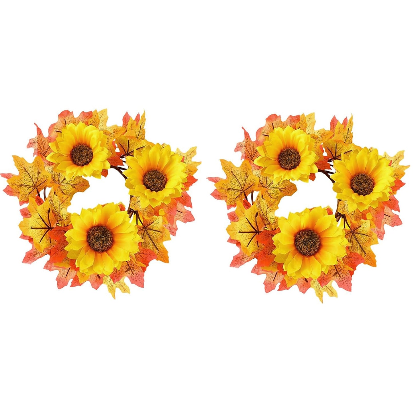 2-Pack 9.8" Fall Candle Ring Wreaths - Maple Leaf & Sunflower Decor
