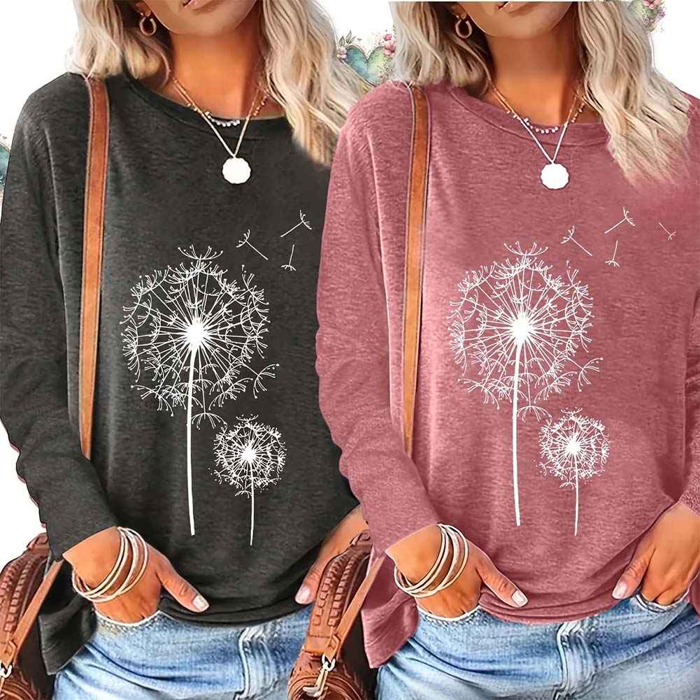 2 Pack Flowers Graphic Long Sleeve Tees Shirts For Women Casual Loose Fitted Tshirts Boho Wildflower Trendy Tops