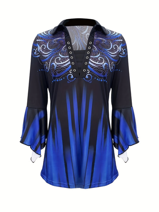 Spring And Autumn New Printed Lapel Blue Three-quarter Sleeve T-shirt Irregular Cuff Button Top