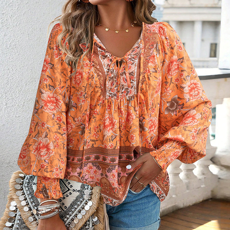 Wpmens Boho Chic Long Sleeve Blouse Floral Print V-Neck Top With Lace-Up & Drawstring Detail Elegant Vacation Shirt