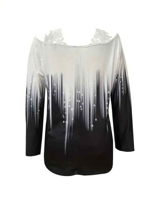 Spring And Autumn New Style Casual Gradient Color Printed Lace Edge Off-shoulder Long Sleeve Top