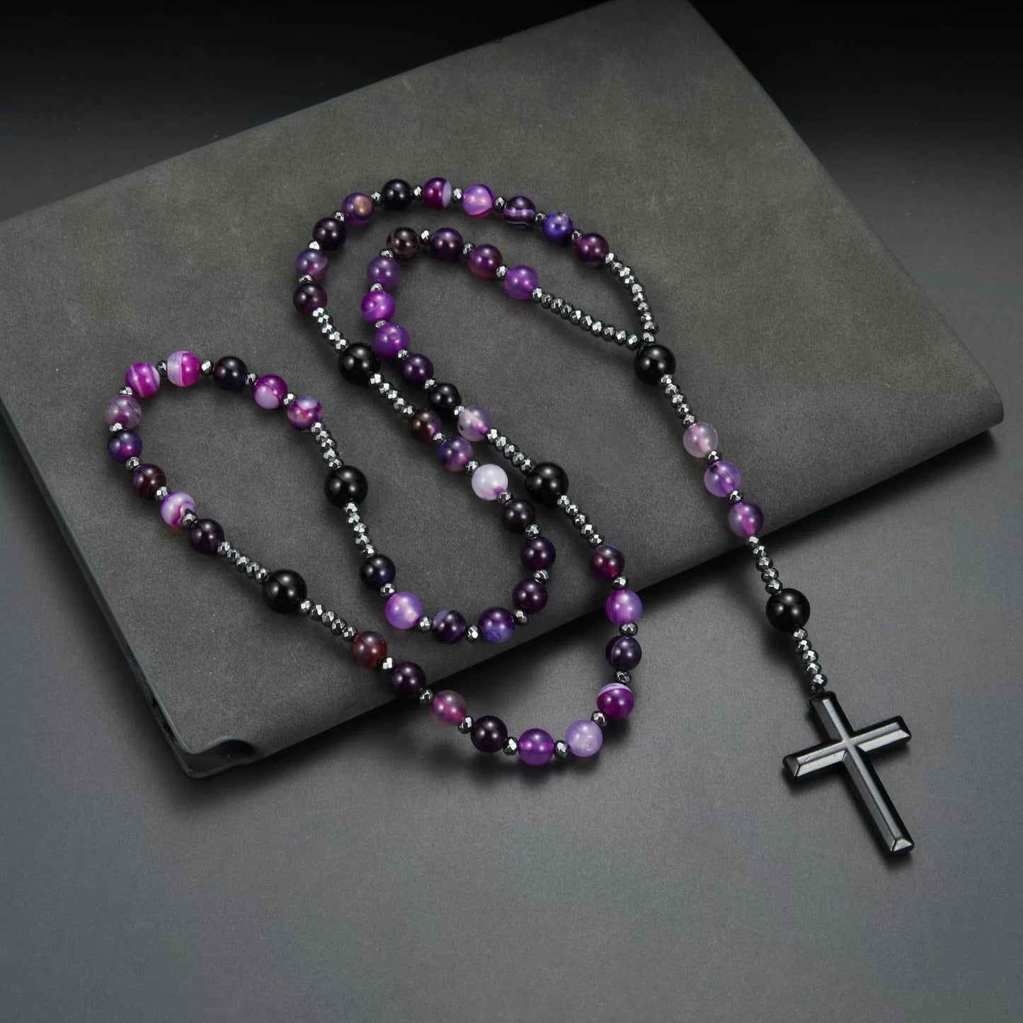 Natural Round Beads Long Chain Haematite Cross Beads Men's Necklace