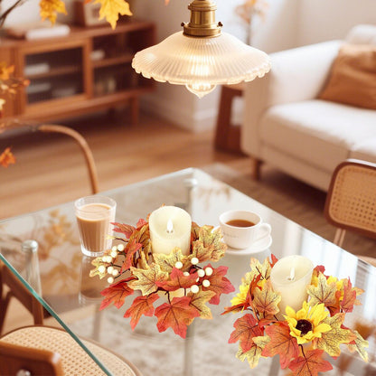 2-Pack 9.8" Fall Candle Ring Wreaths - Maple Leaf & Sunflower Decor