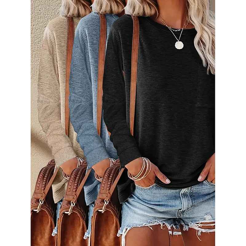 3 Pack Women's Long Sleeve Shirts Casual Crew Neck Basic Tops Solid Layer T Shirts For Ladies