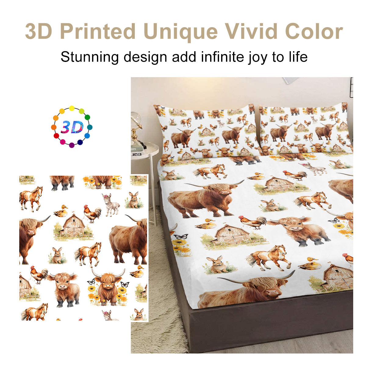 3pcs Little Cow And Duck Pet Theme Children's Fun Style Minimalist Comfort Series Bed Sheet And Two Pillowcases Bedding For All Seasons Use