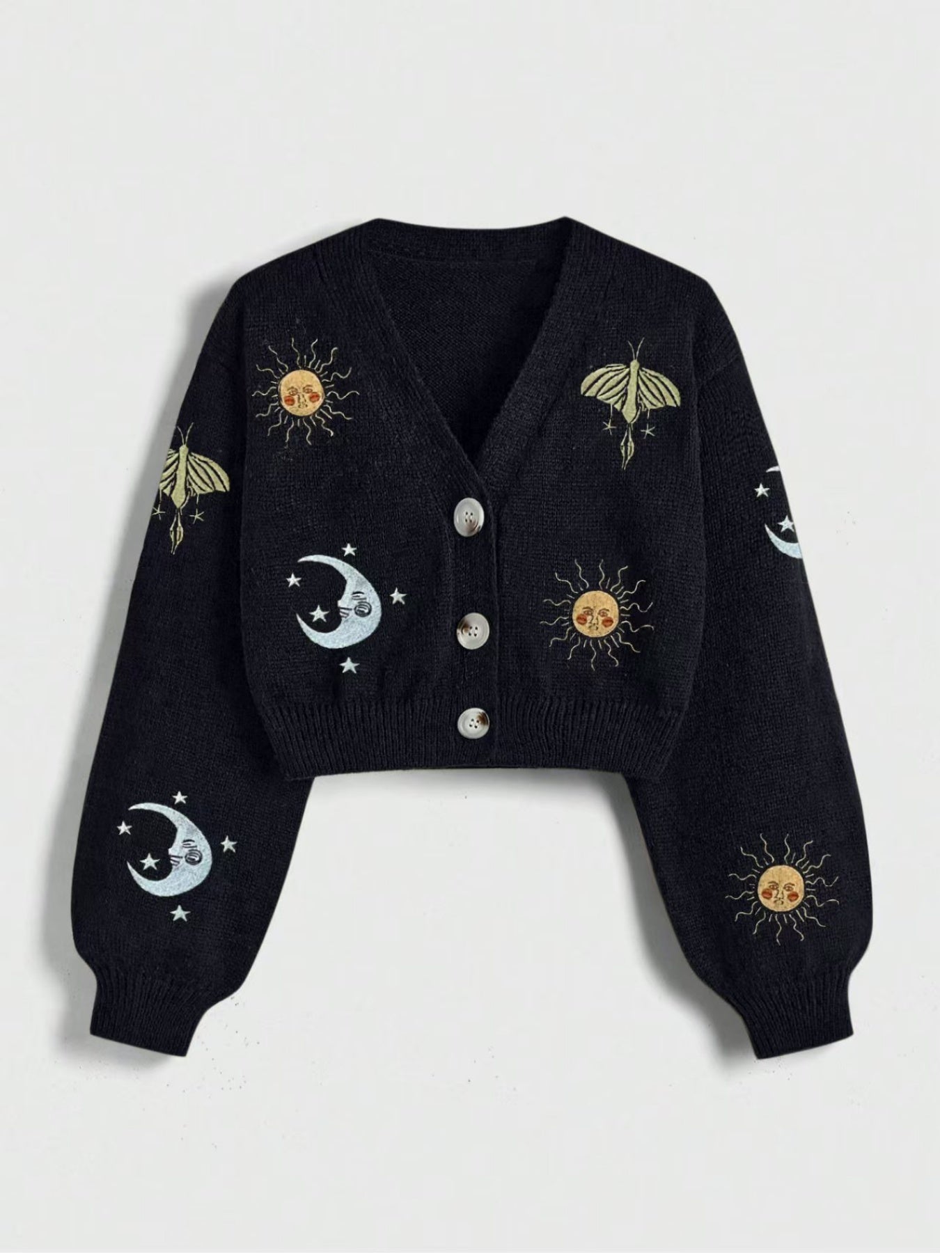 New Women's Embroidery Button Knitted Cardigan Sweater With Sun And Moon Pattern Lantern Sleeves V-neck Cardigan Top