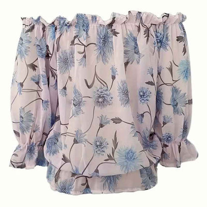 Womens Summer Off Shoulder Blouse Floral Print Ruffle Sleeve Casual Chiffon Tops Shirts