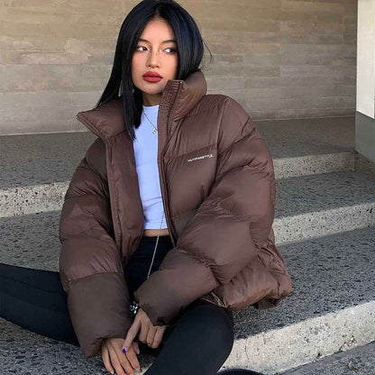 Down Cotton Jacket Women Stand Collar Short