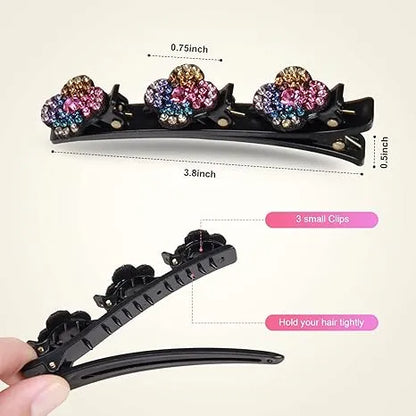 Sparkling Crystal Stone Braided Hair Clips, Four-Leaf Clover Chopped Hairpin Duckbill Clip, Braided Hair Clip With Rhinestones For Women/Girls