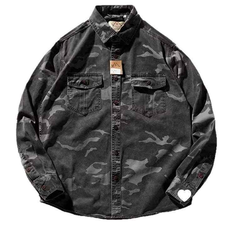 Men's Distressed Washed Camouflage Collar Casual Jacket