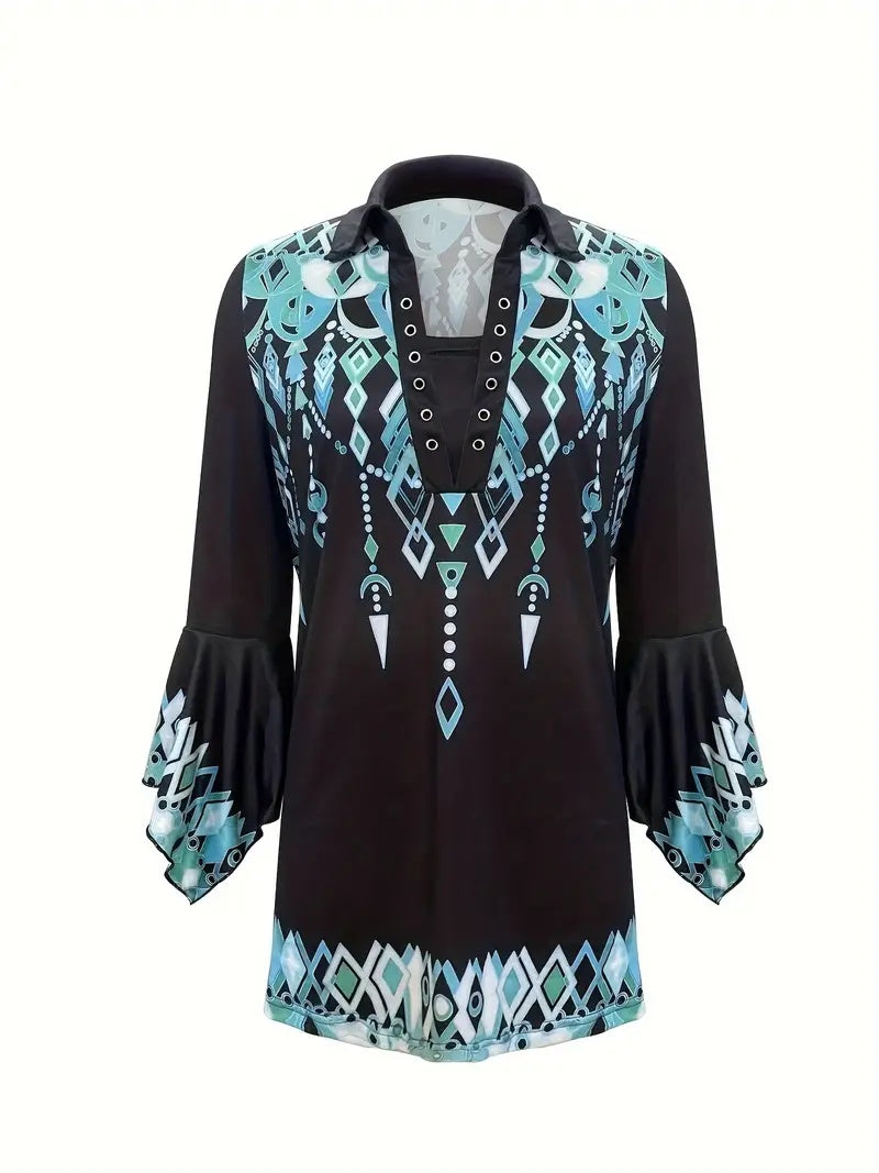 Spring Autumn New Printed Lapel Green Three-Quarter Sleeve T-Shirt Irregular Cuff Stud Button Top