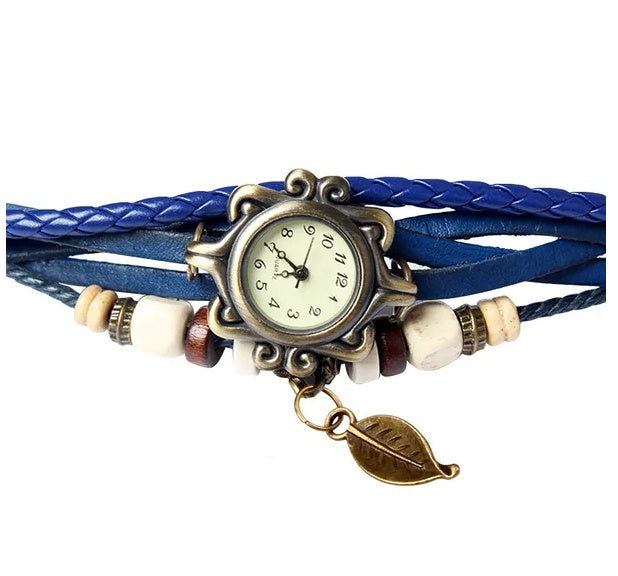 Beautiful Bohemian Style Retro Handmade Leather Tree Leaf Women's Watches Blue