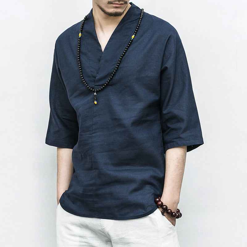 Men's Cotton And Linen V-neck Linen Short Sleeves