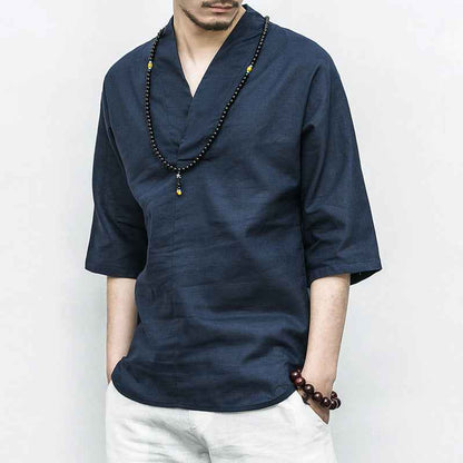 Men's Cotton And Linen V-neck Linen Short Sleeves