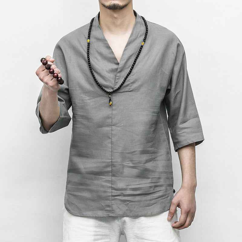 Men's Cotton And Linen V-neck Linen Short Sleeves