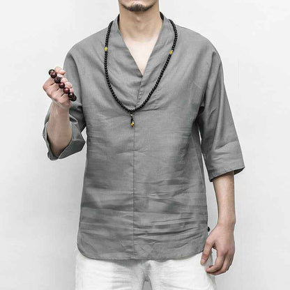 Men's Cotton And Linen V-neck Linen Short Sleeves