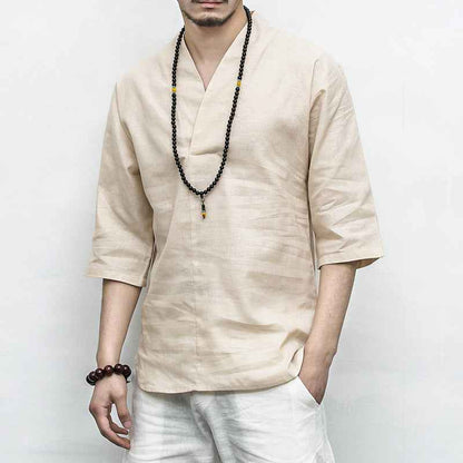 Men's Cotton And Linen V-neck Linen Short Sleeves