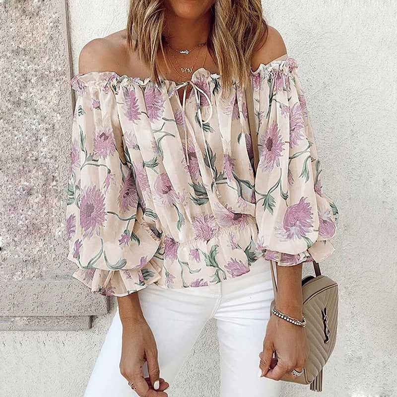 Womens Summer Off Shoulder Blouse Floral Print Ruffle Sleeve Casual Chiffon Tops Shirts