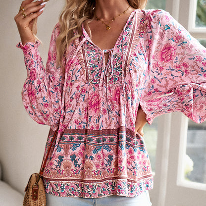 Wpmens Boho Chic Long Sleeve Blouse Floral Print V-Neck Top With Lace-Up & Drawstring Detail Elegant Vacation Shirt