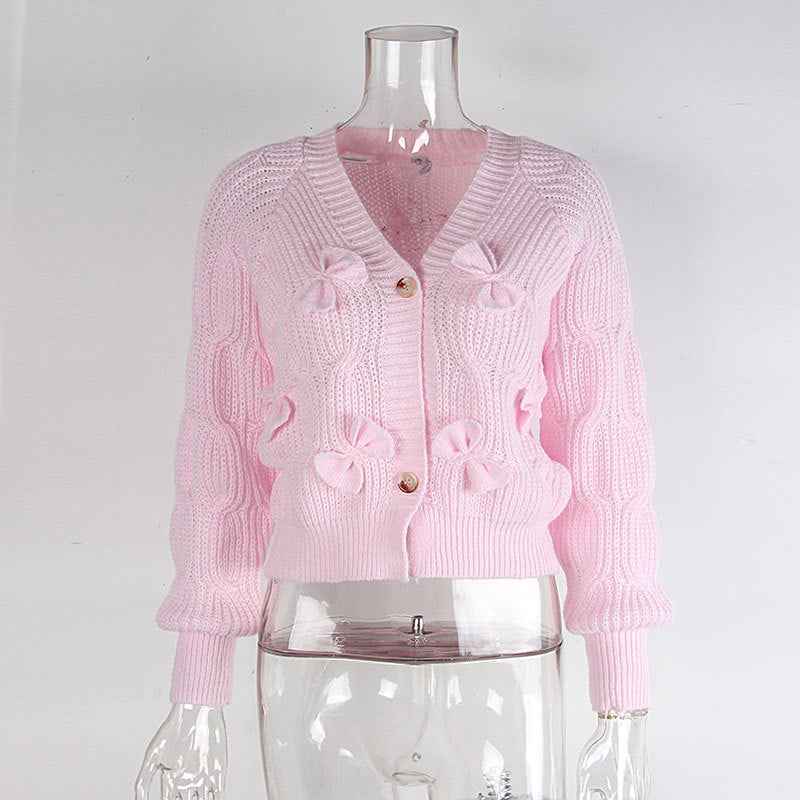 Women's Bow Cropped Cardigan - Long Sleeve V-Neck Button Down Knit Sweater Top
