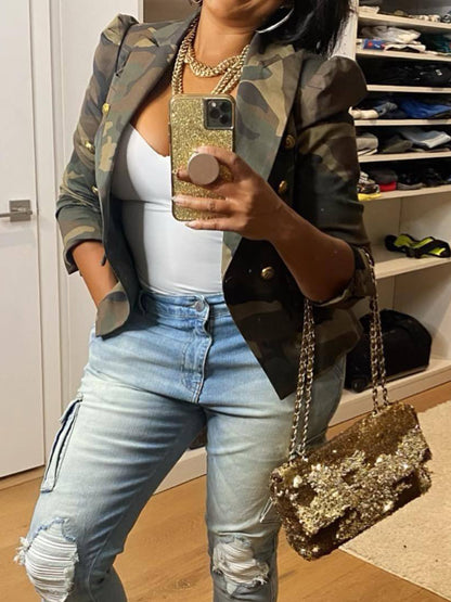 Elegant Women's Camo Print Jacket - Chic Double-Breasted, Long Sleeve Outerwear With Flap Pockets, Polyester, Perfect For Spring-Fall, Cute Jacket Amazon Does Not Sell