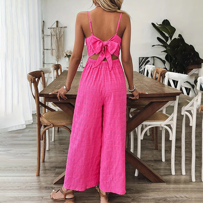 Women's Elegant Pink Sleeveless Jumpsuit With Back Bow V-Neck Palazzo Pants, Vintage Style Casual Beachwear For Spring & Summer
