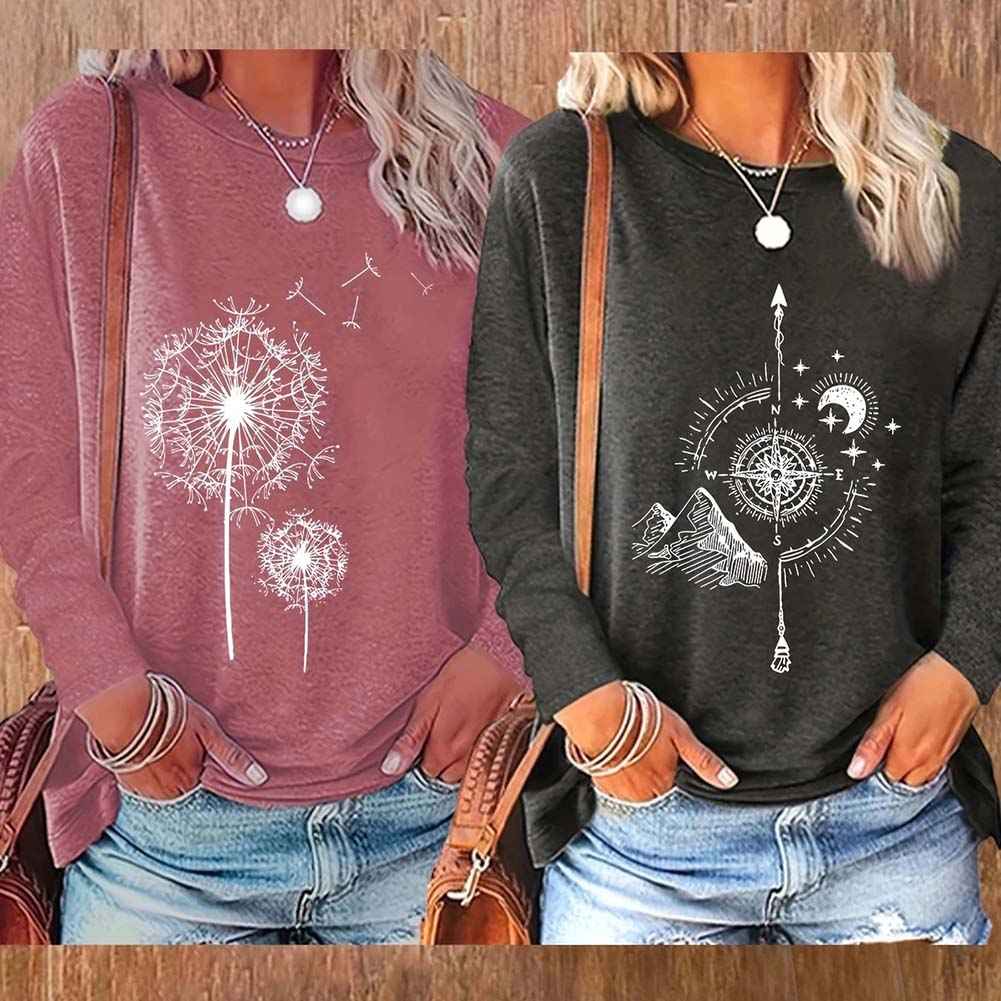 2 Pack Flowers Graphic Long Sleeve Tees Shirts For Women Casual Loose Fitted Tshirts Boho Wildflower Trendy Tops