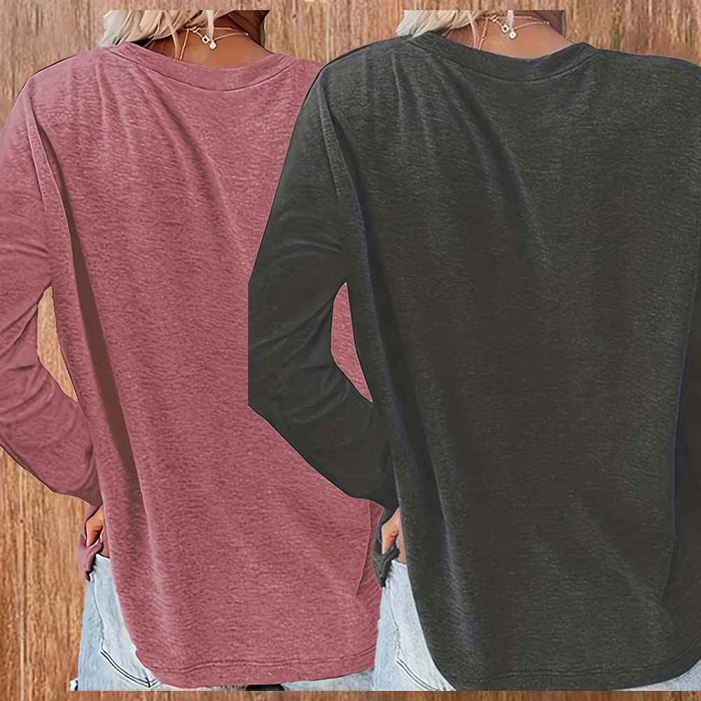 2 Pack Flowers Graphic Long Sleeve Tees Shirts For Women Casual Loose Fitted Tshirts Boho Wildflower Trendy Tops