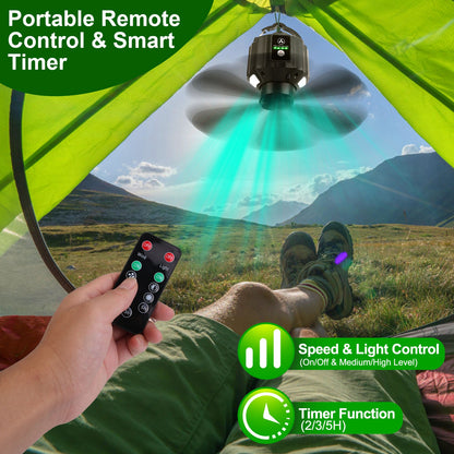 5200mAh Or 10400mAh Options -- 1Pc Portable Camping Ceiling LED Fan  USB Battery Powered Hanging Tent Lantern Fan Power Bank With 3 Fan Speed 3 Light Brightness Smart Timer Remote Control