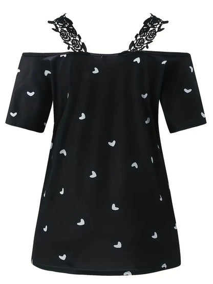 New Summer Short-sleeved Lace Heart Print T-shirt Women's Top